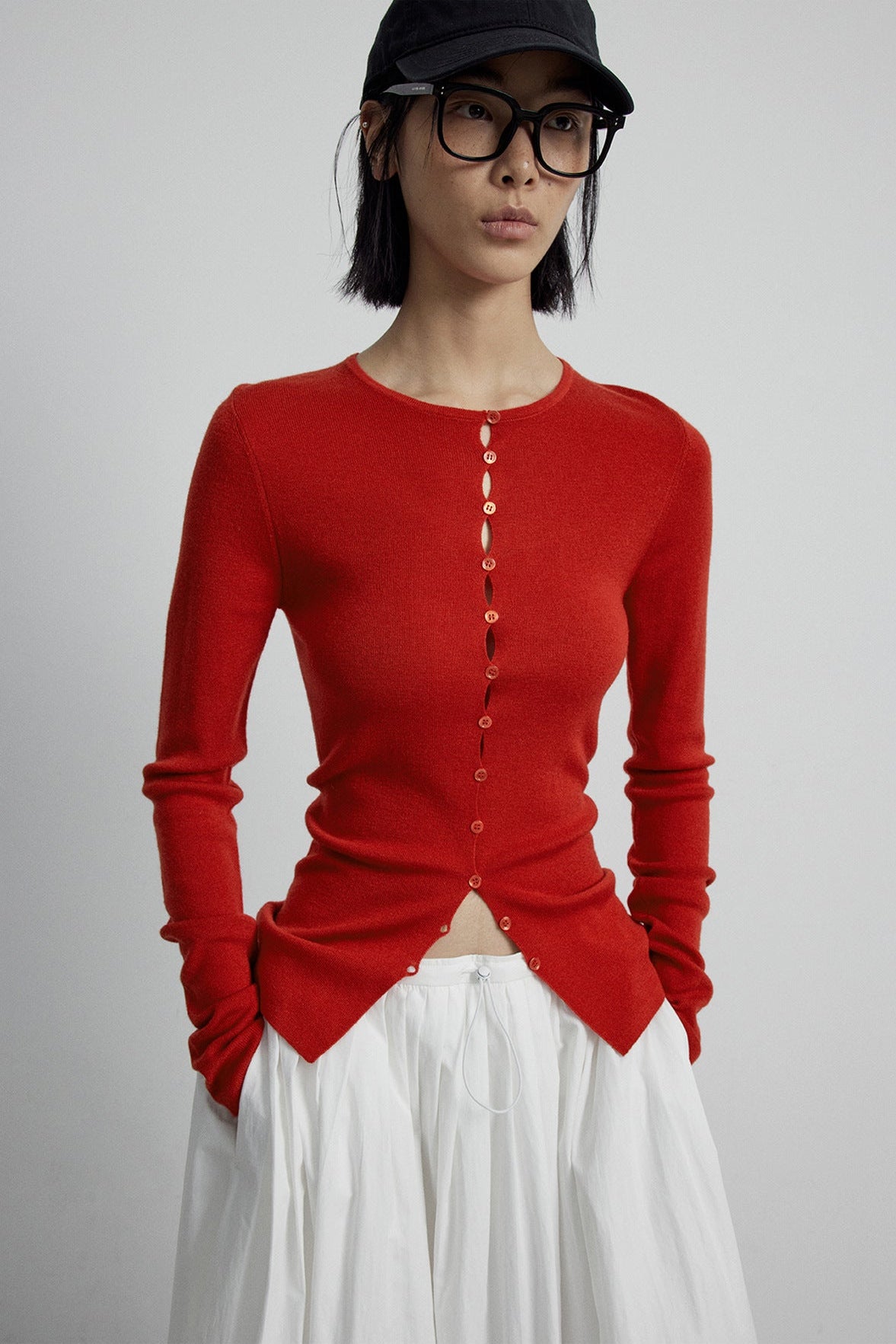 Close-fitting Wool Blend Long-sleeved Knit Single-breasted Cardigan Top