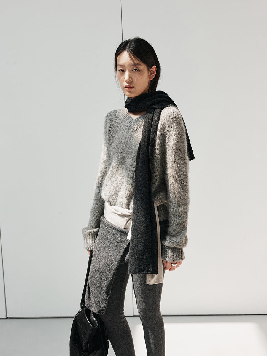 Love with Nancy Thirteen Lines Minimalist Winter Korean Style Floral Tulle V-neck Loose Thickened Warm Mohair Sweater for Women 03254
