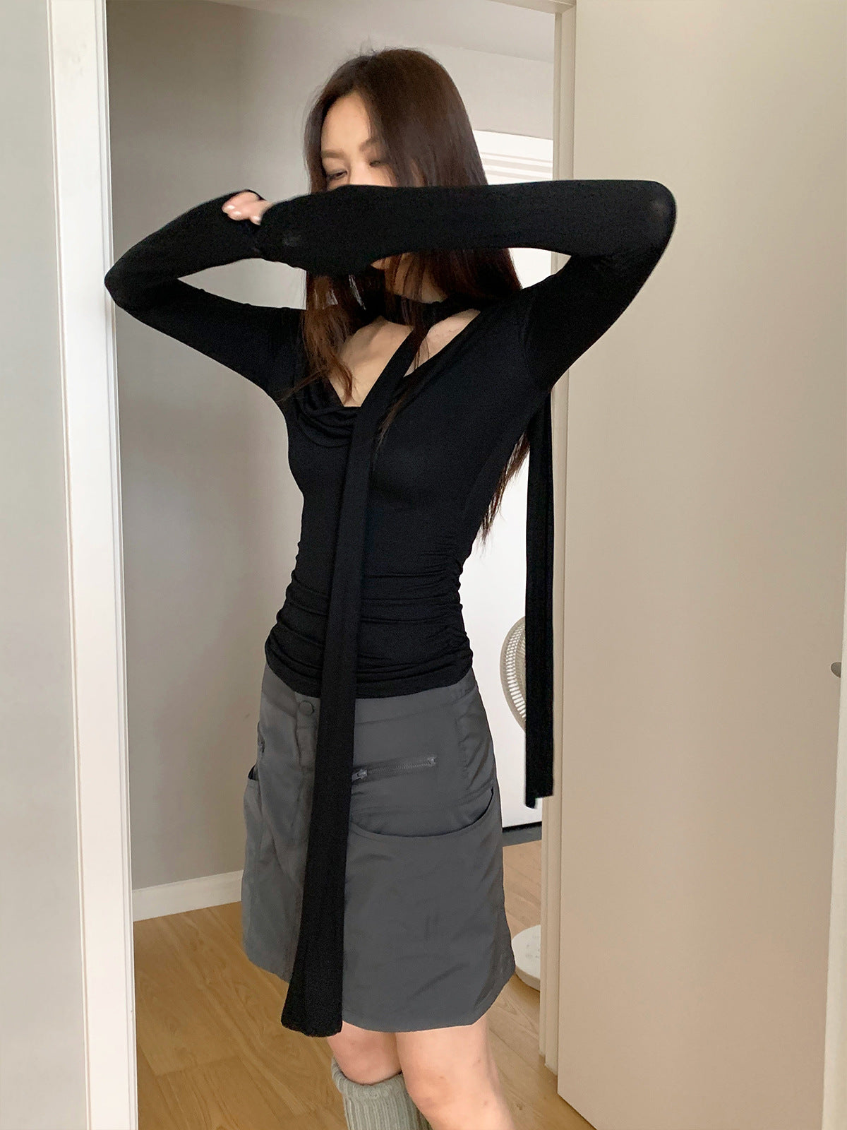 Mock Neck Scarf Drape Cowl Neck Long Sleeve Top