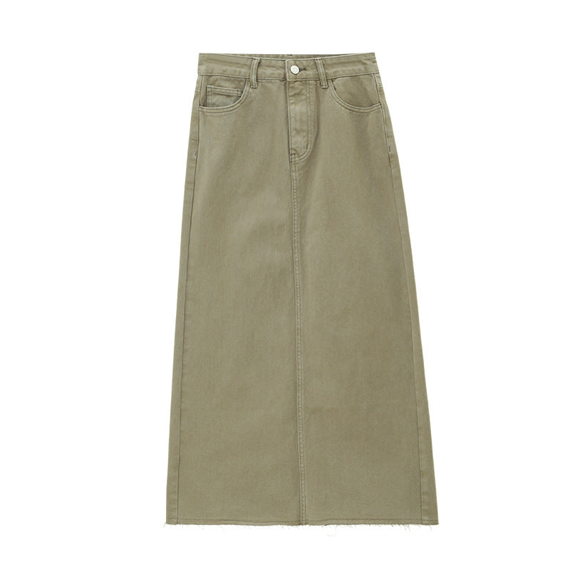 High Waist Straight Vintage Wash Denim Maxi Skirt