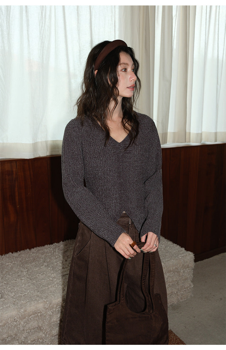 Frog Button V-Neck Striped Long-sleeve Slim-Fit Sweater