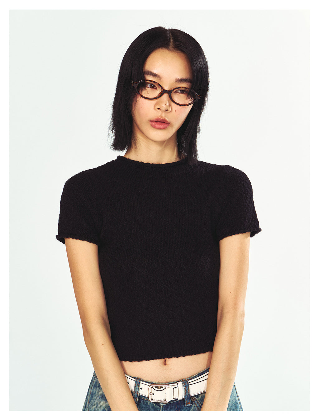 Textured Cotton Half-turtleneck Short-sleeve Knit t-Shirt