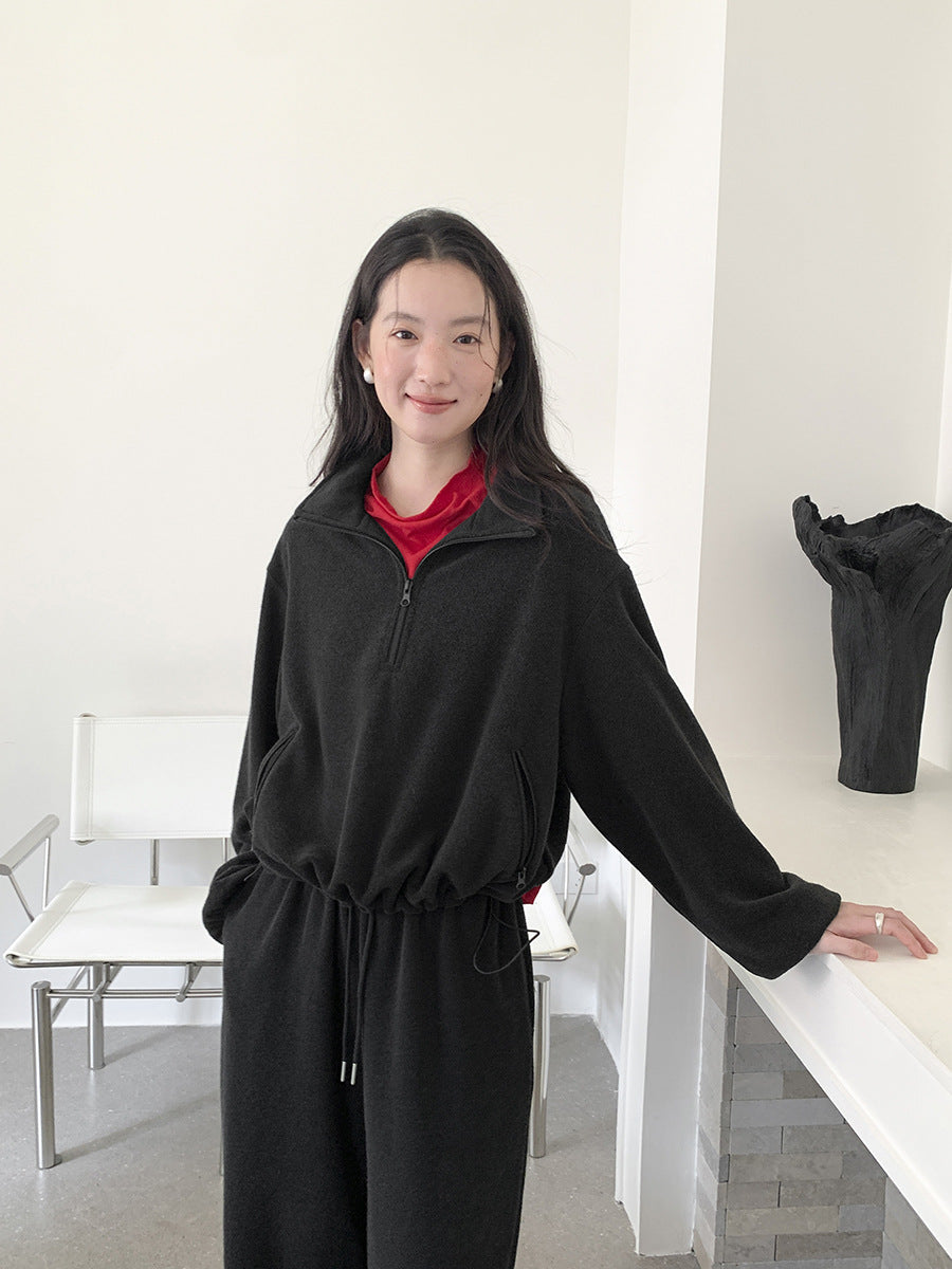 Solid Color Thick Fleece Warm Zip-Up Sweatshirt