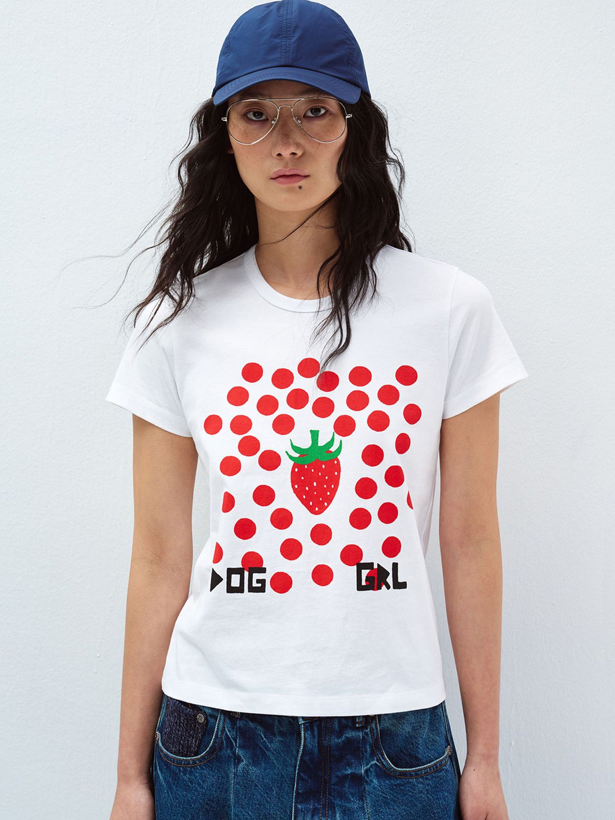 Polka Dot Strawberry Print Crew Neck Cotton T-Shirt Top