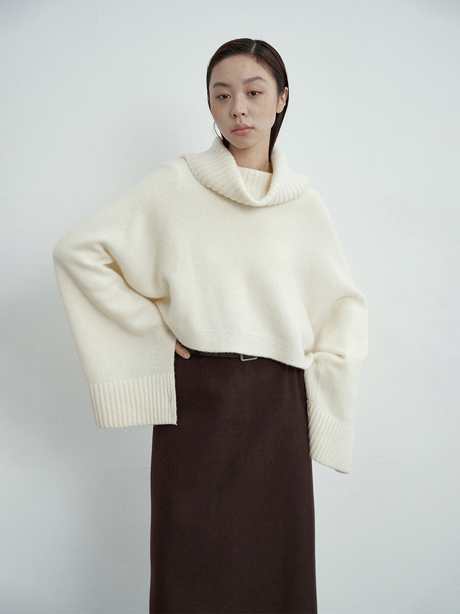 Cropped Oversized Turtleneck Wool Knit Sweater