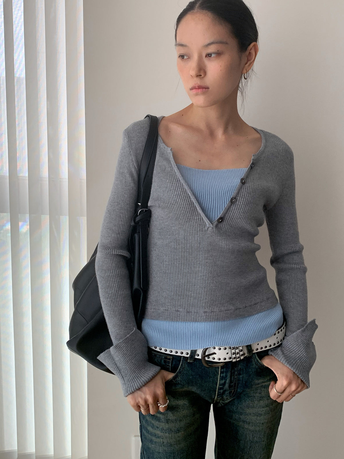 Illusion Two Tops V-Neck Ribbed Long Sleeve Top