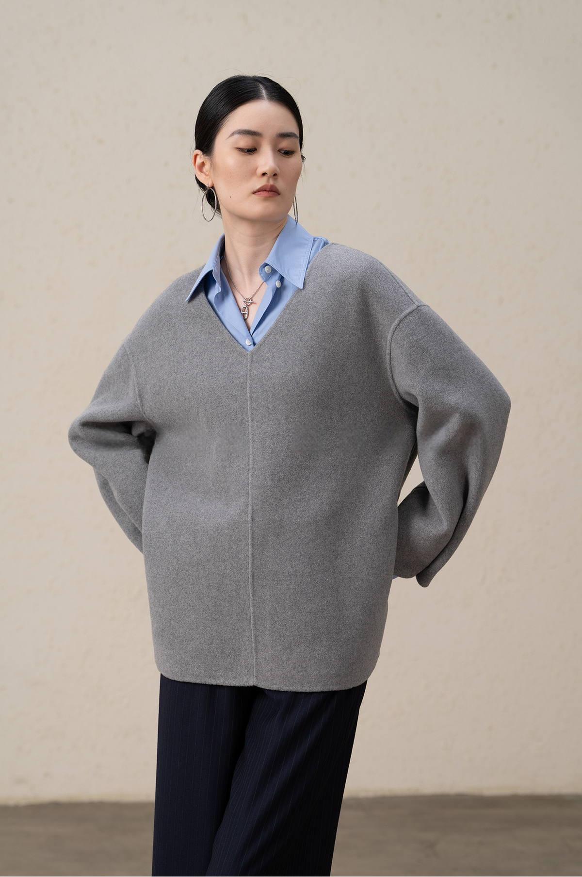 Merino Wool & Cashmere Double-Sided V-neck Coat