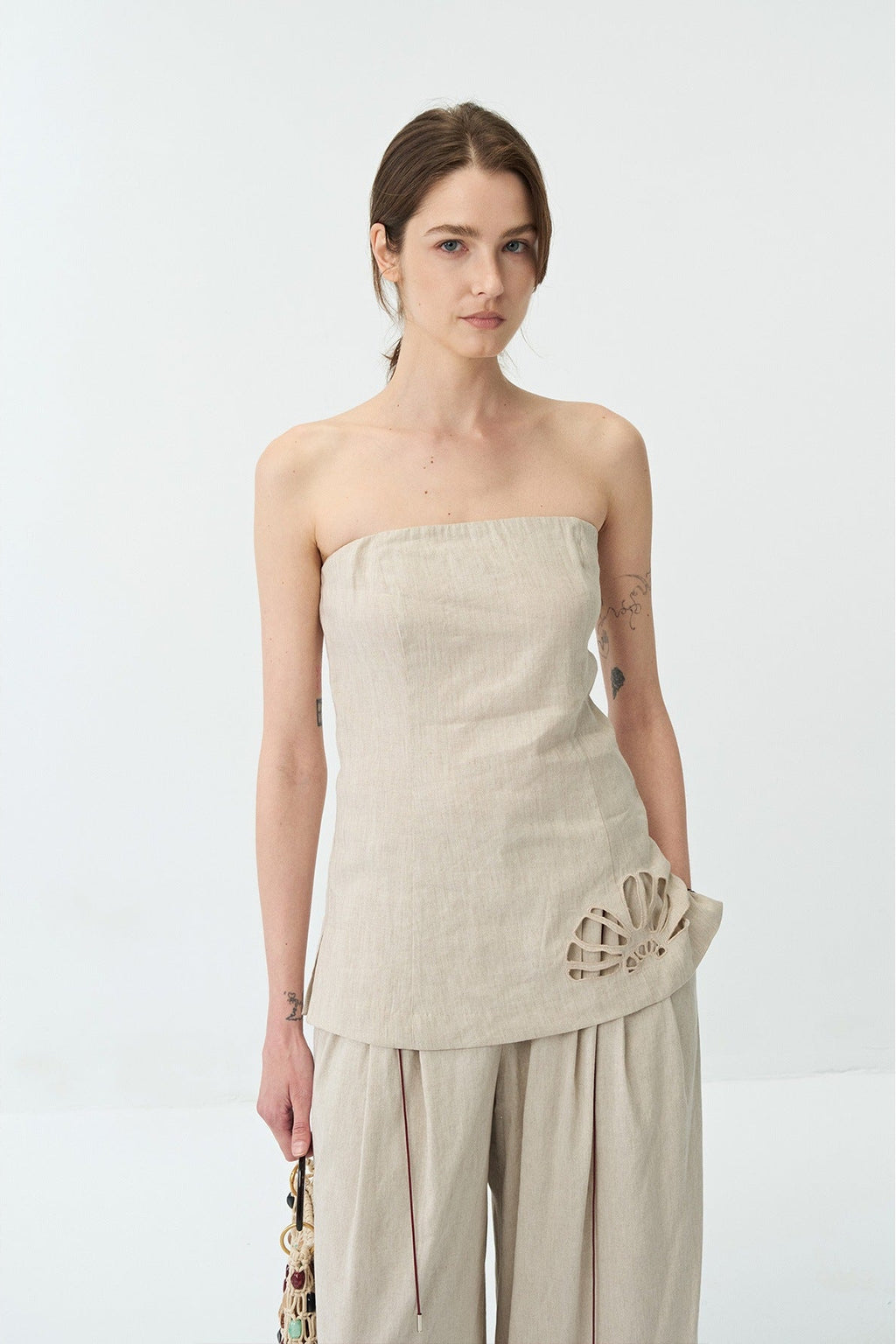Linen Embroidered Hollow Tube Top