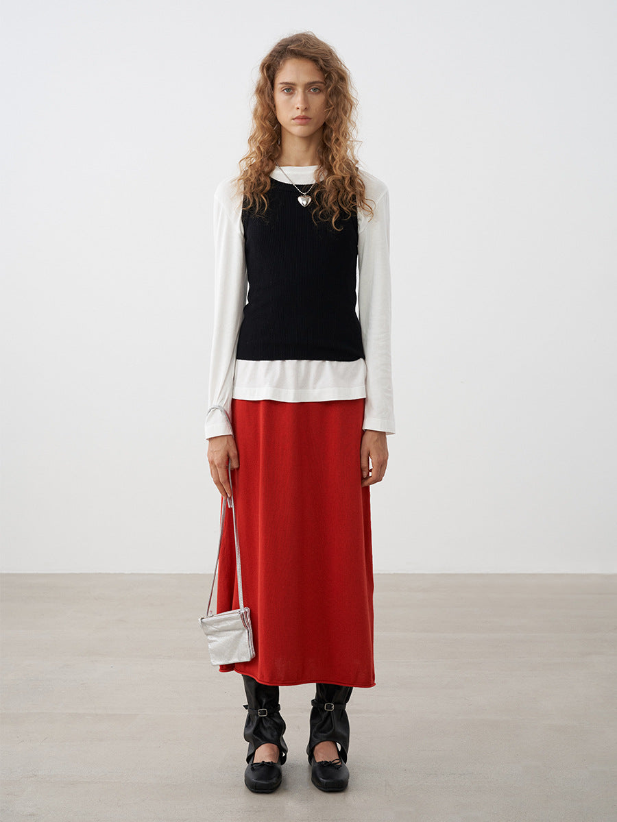 Straight Knit Midi Skirt with Side Slit