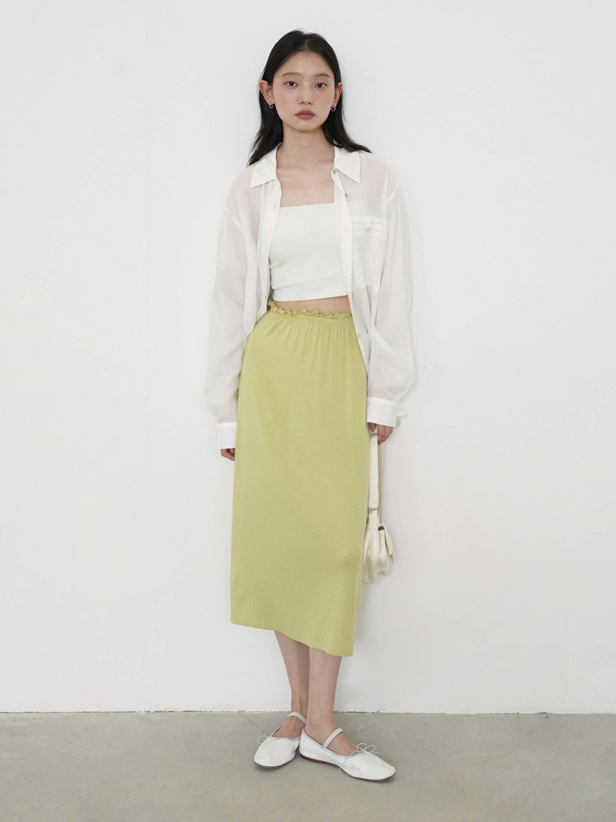 Soft Stretch Ruffled Elastic Waistband Midi Skirt