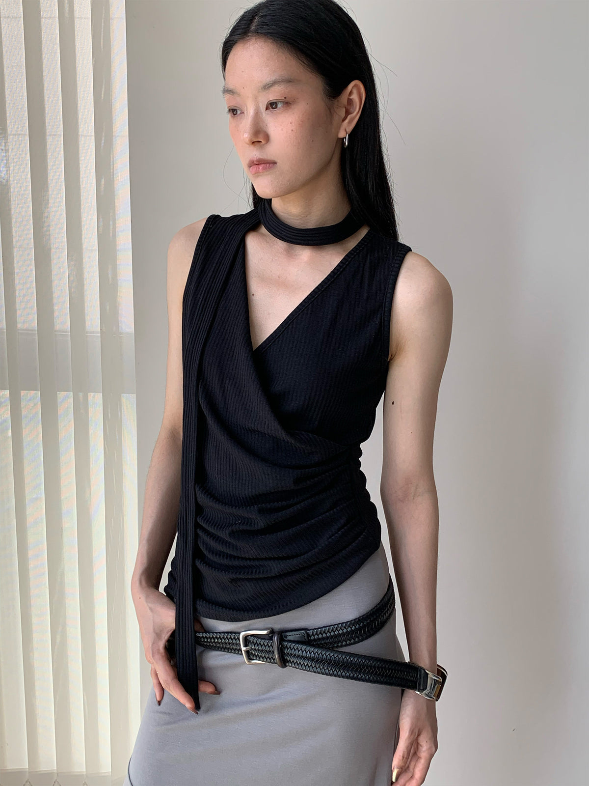 Halter-neck Off-Shoulder Thin Knit Ribbed Cross V-Neck Tank Top