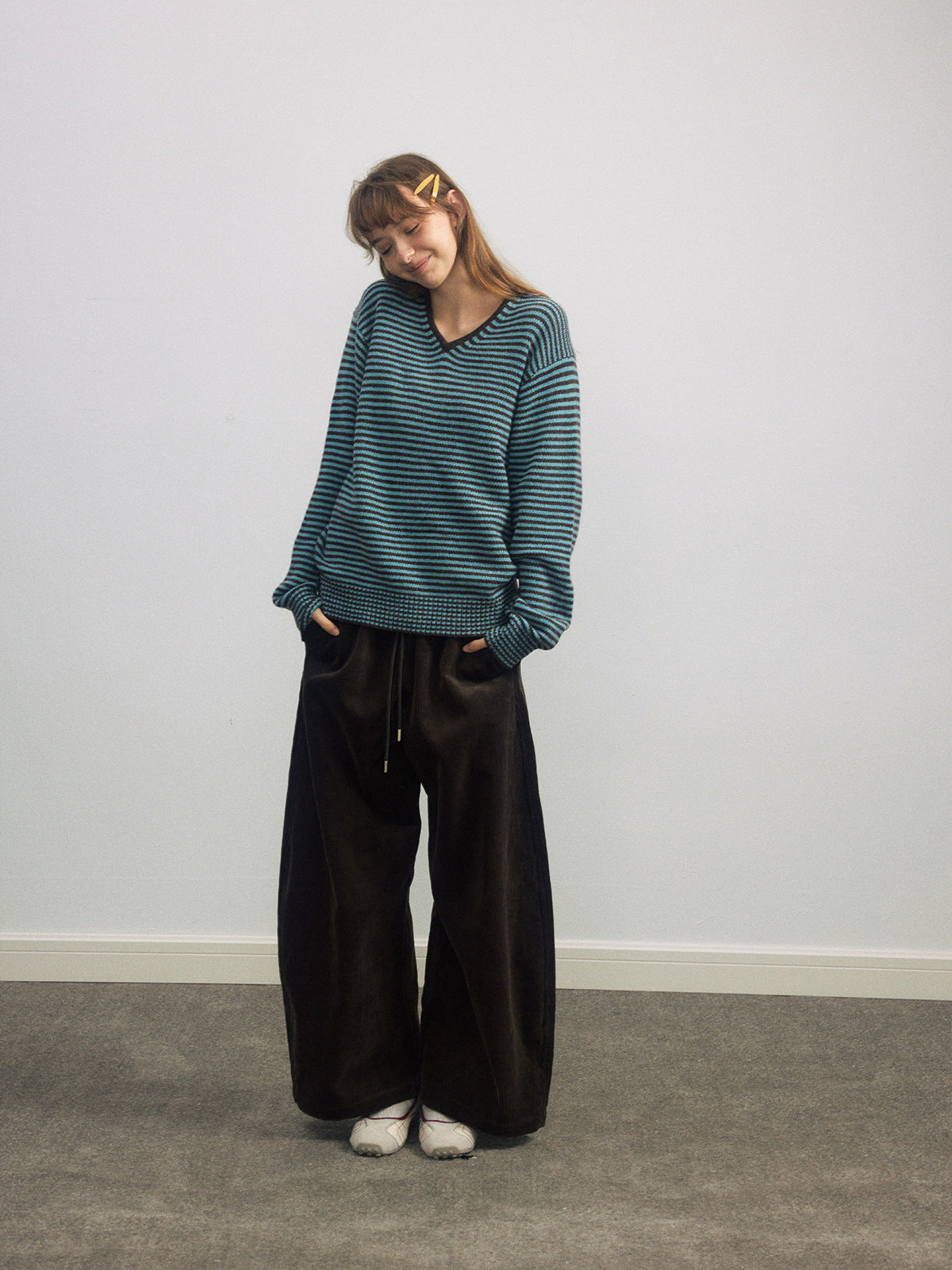 High Waist Lace-up Corduroy Long Pants