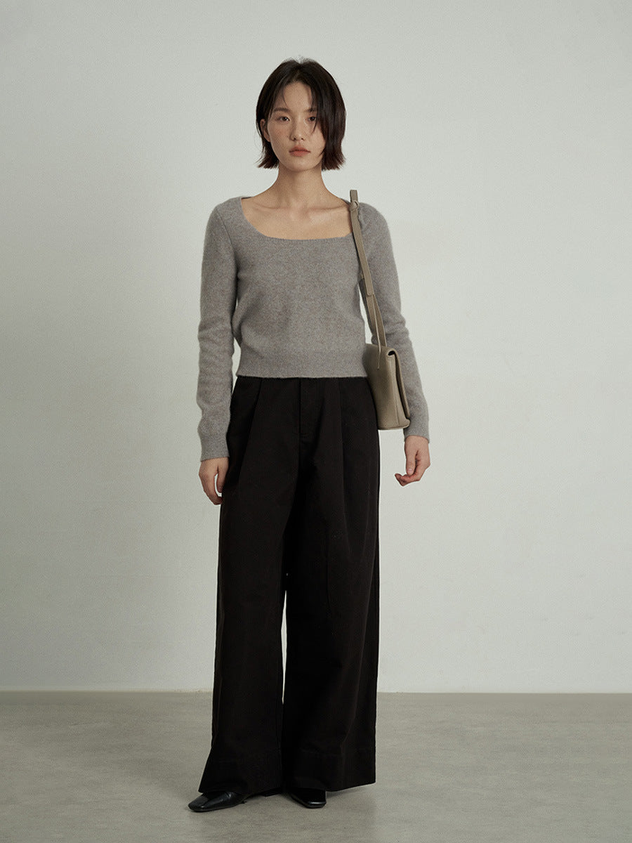 Wide-Leg Front Pleats Trousers with Belt