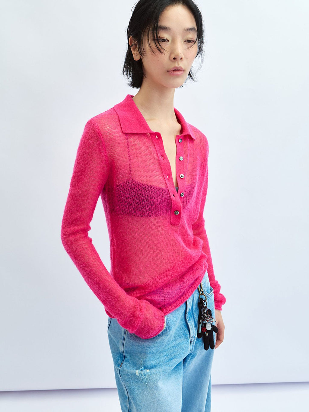 Sheer Layering Polo Collar Wool Knit Top
