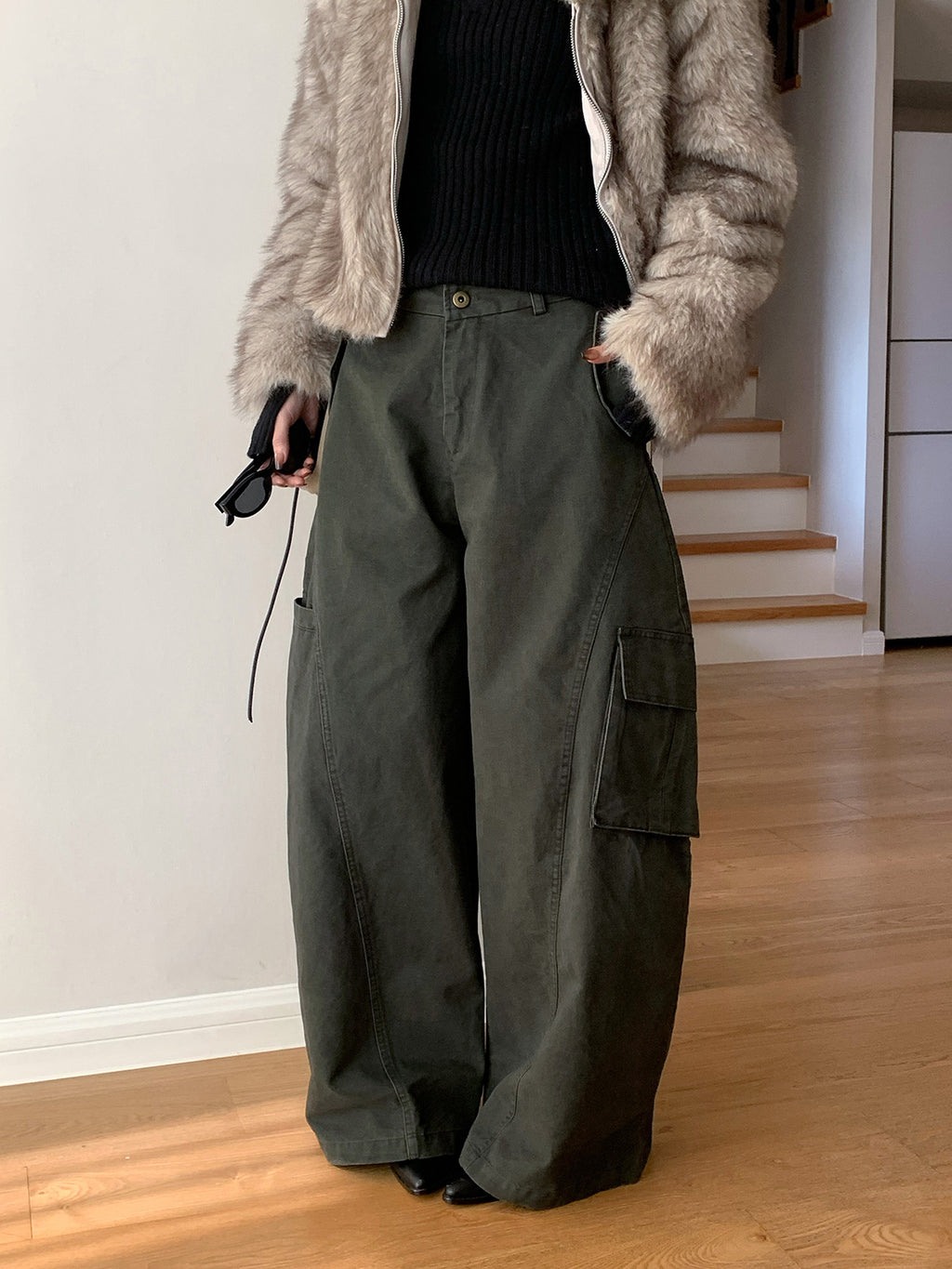 Baggy Wide Leg Cargo Pants with Angled Seam Detail