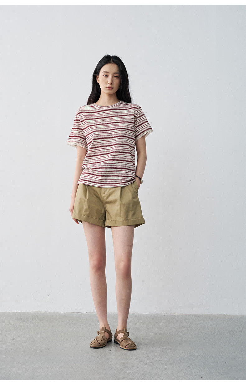 Pleated Mid-rise Rolled Edge Straight Leg Shorts