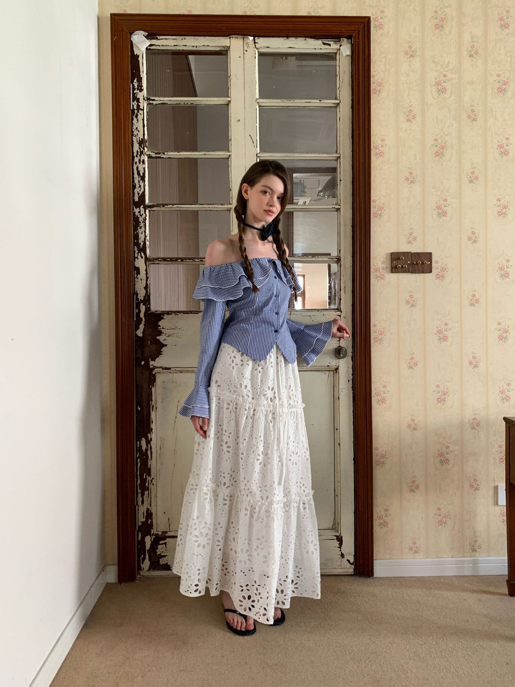 Off-Shoulder Gingham Ruffle Blouse