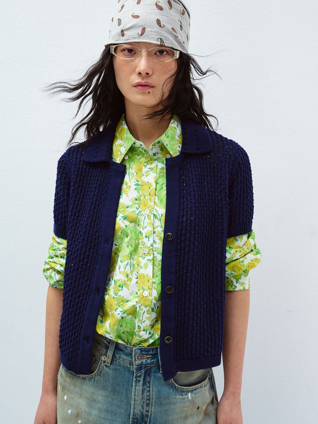 Textured Cotton Short-sleeve Coarse Knit Cardigan Sweater