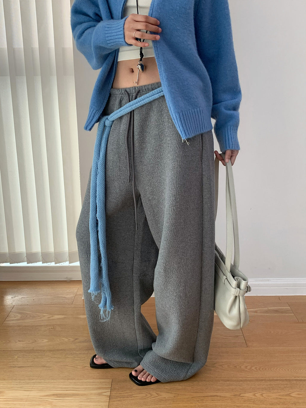 Drawstring Wide Leg Textured Sweatpants