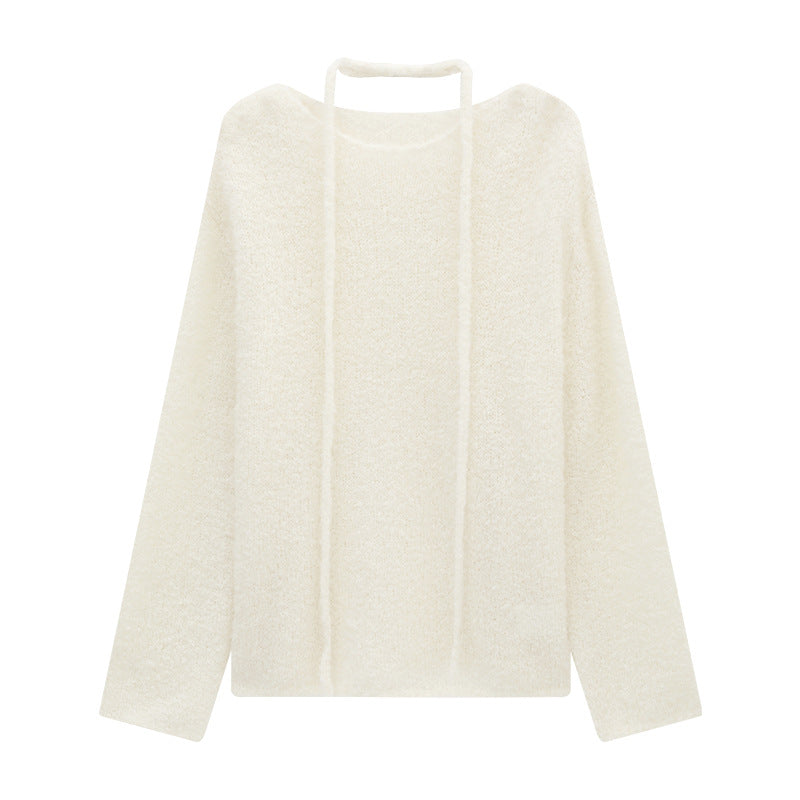 Textured Drawstring Mohair Wool Neck Knit Long-Sleeve Top