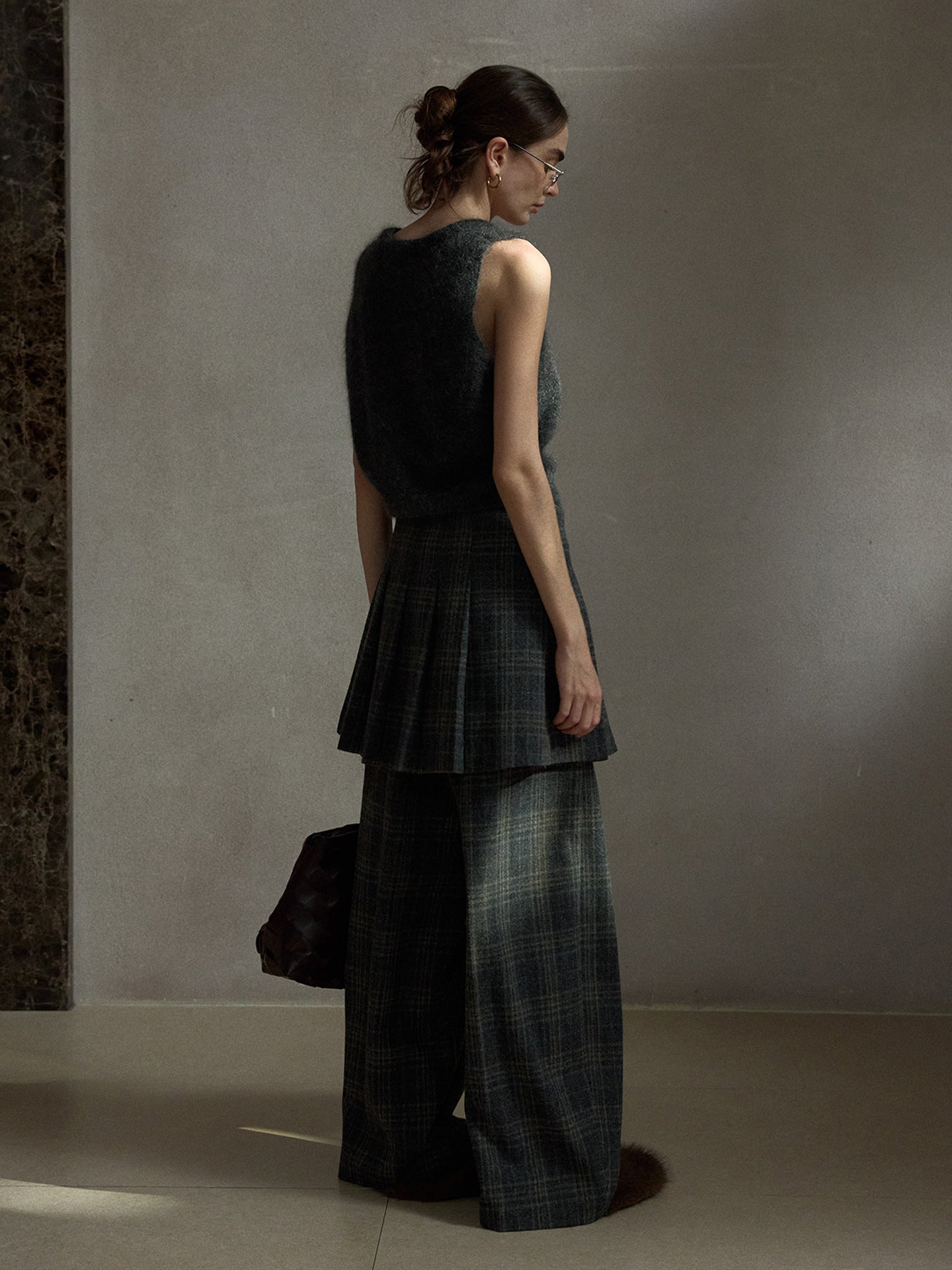 Wool Vintage Style Plaid Pleated Wide-Leg Pants (Pants Only)