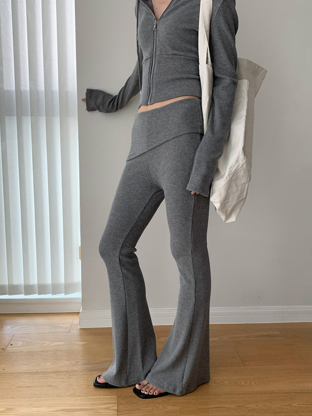 Ribbed Foldover Waist Flare Pants