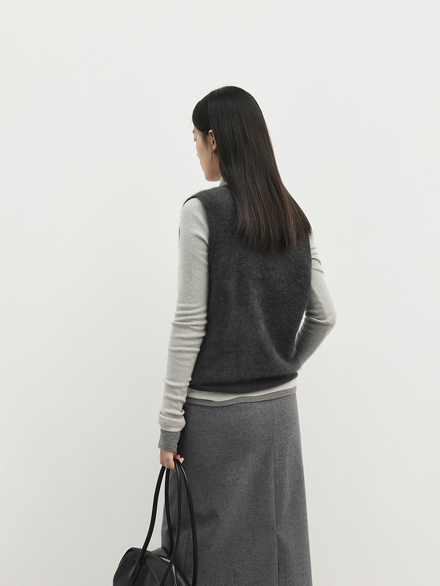 Fuzzy Wool Cashmere V-Neck Sleeveless Sweater Vest