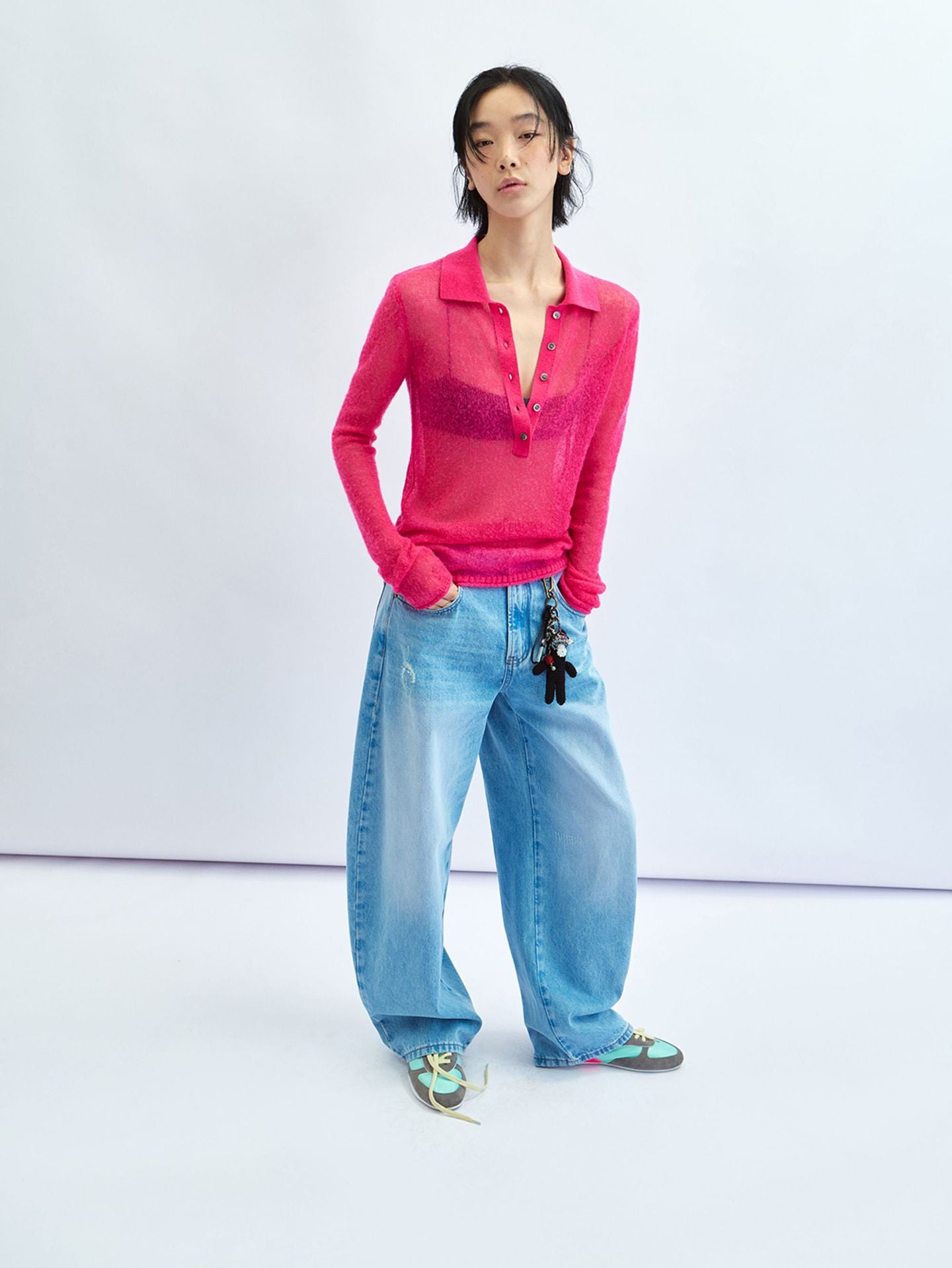 Sheer Layering Polo Collar Wool Knit Top