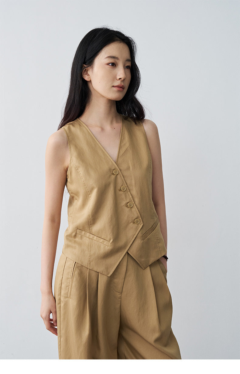 Minimalist Tencel V-neck Diagonal Vest Waist-cinching Sleeveless Top