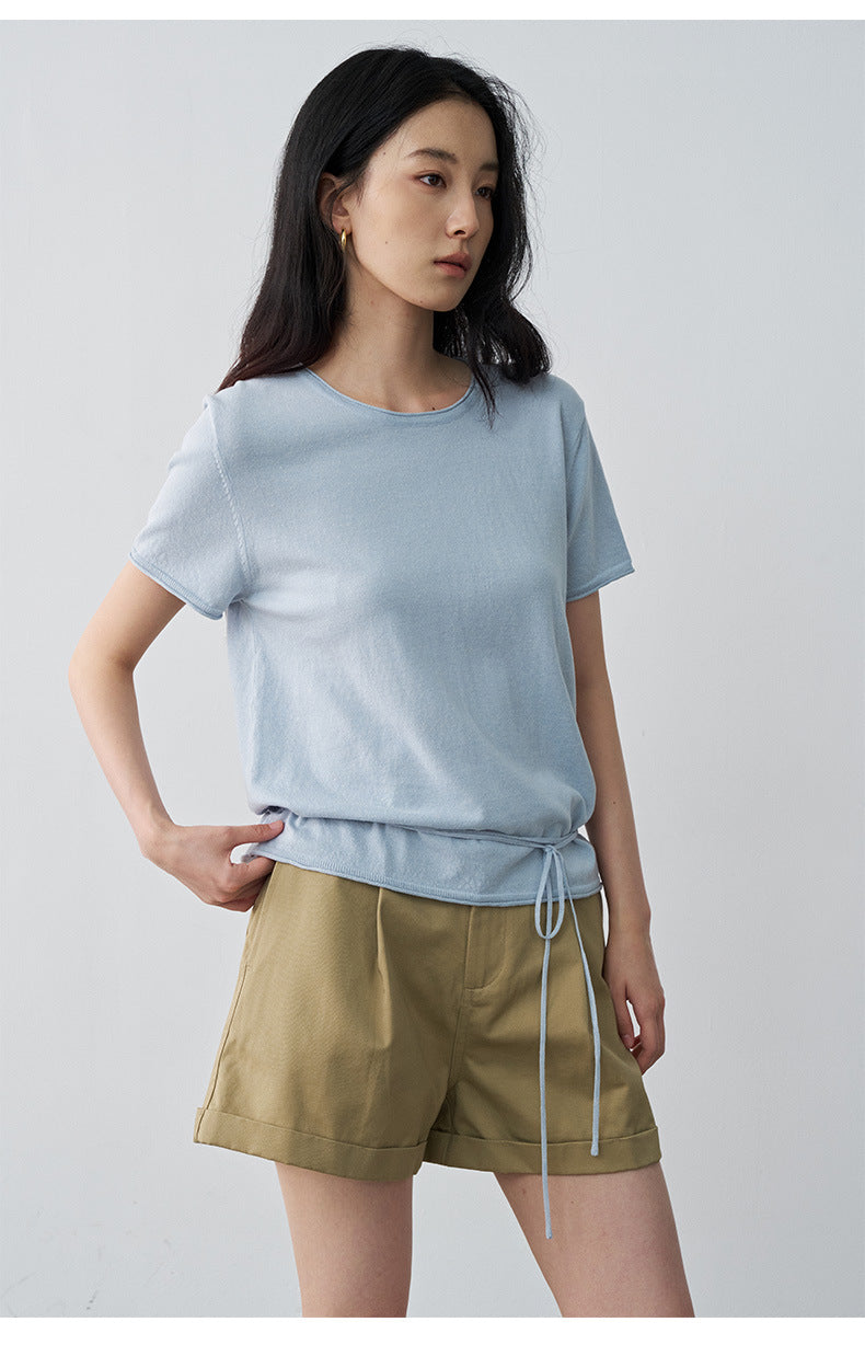 Pleated Mid-rise Rolled Edge Straight Leg Shorts