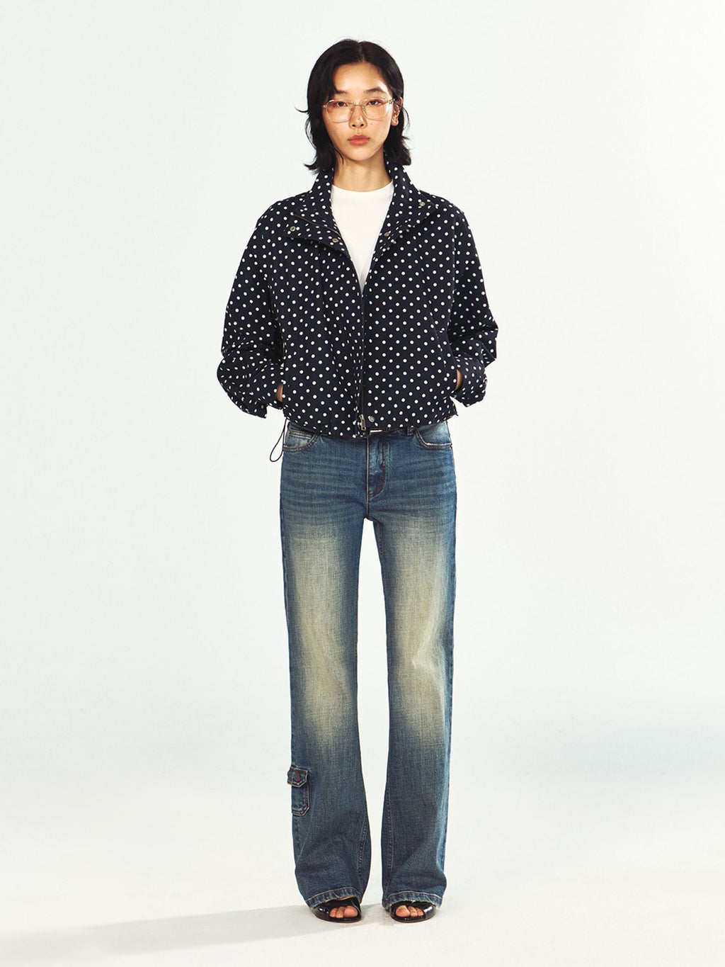[Shishi Black Label] New Stand Collar Polka Dot Hem Cinched Drawstring Long Sleeve Zip-Up Jacket for Women V63217