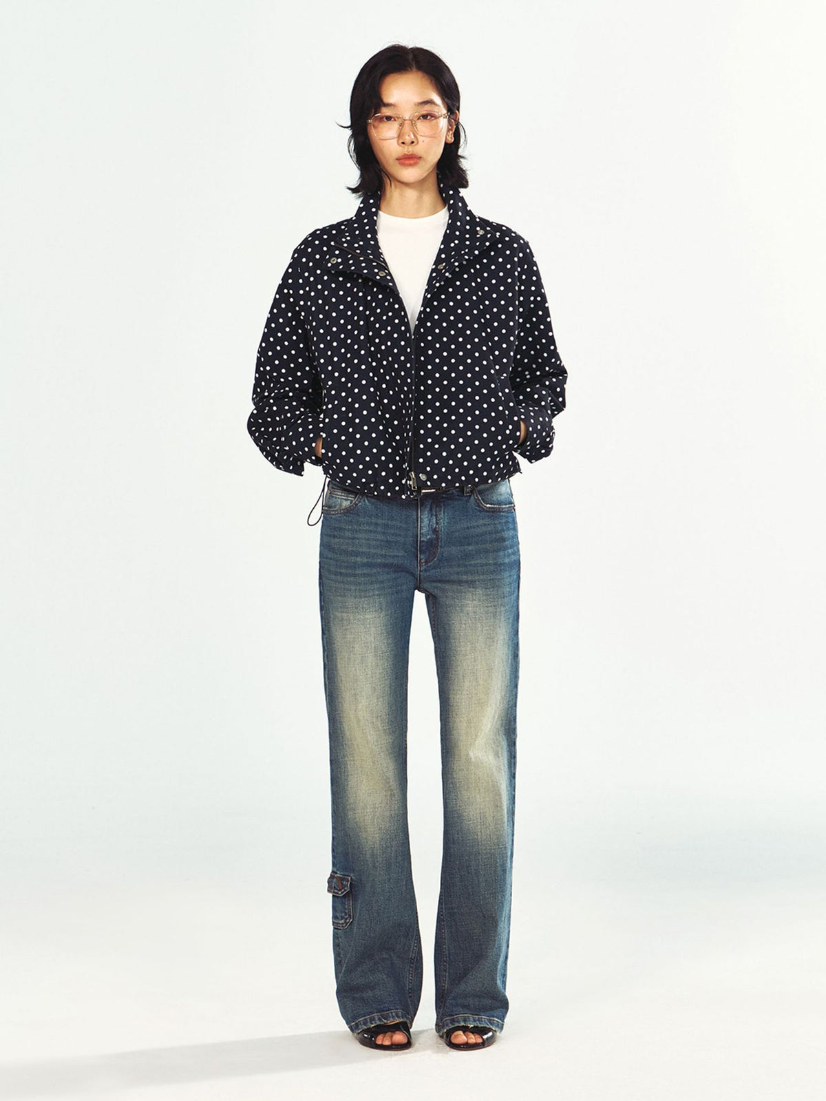 [Shishi Black Label] New Stand Collar Polka Dot Hem Cinched Drawstring Long Sleeve Zip-Up Jacket for Women V63217