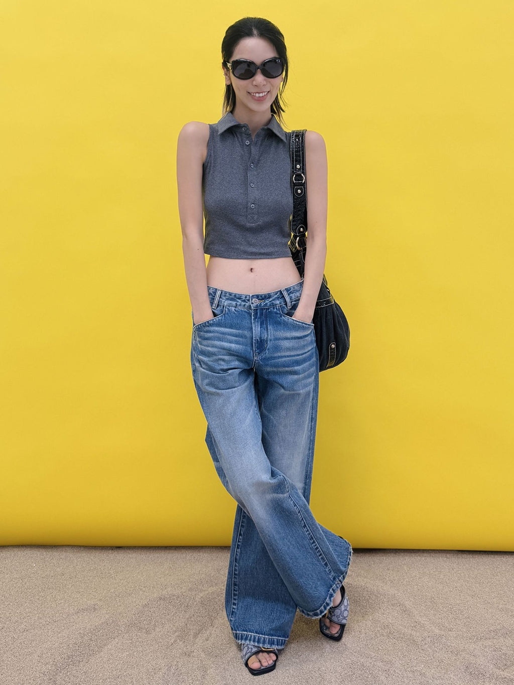 Sleeveless Polo Collar Crop Top