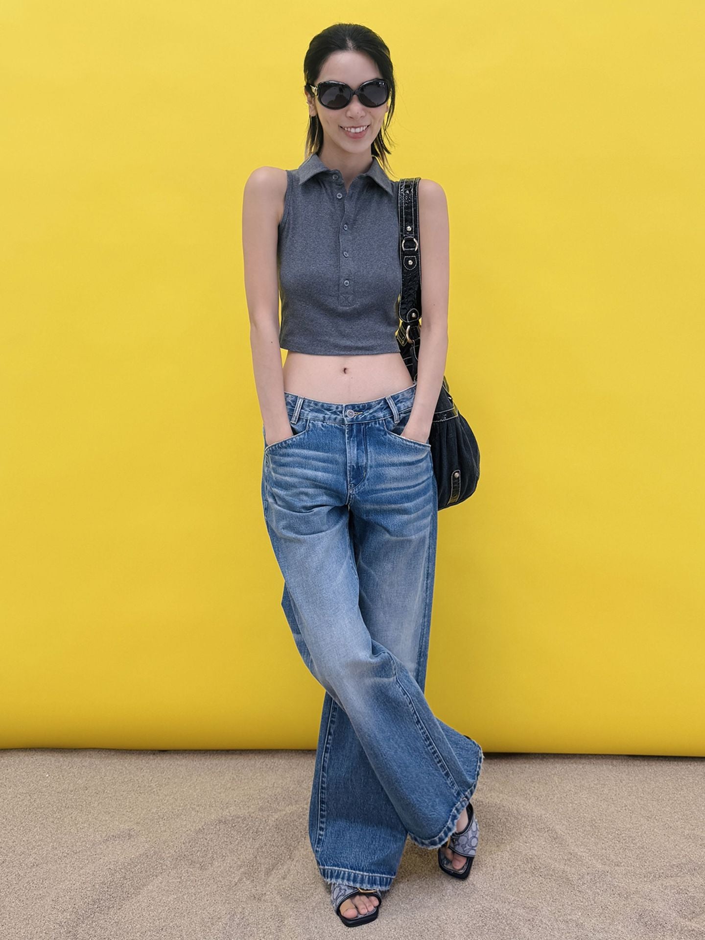 Sleeveless Polo Collar Crop Top