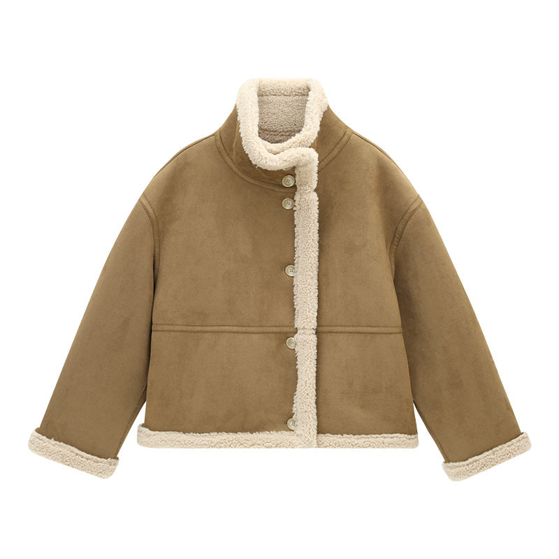 Stand Collar Faux Fur Smooth Coat