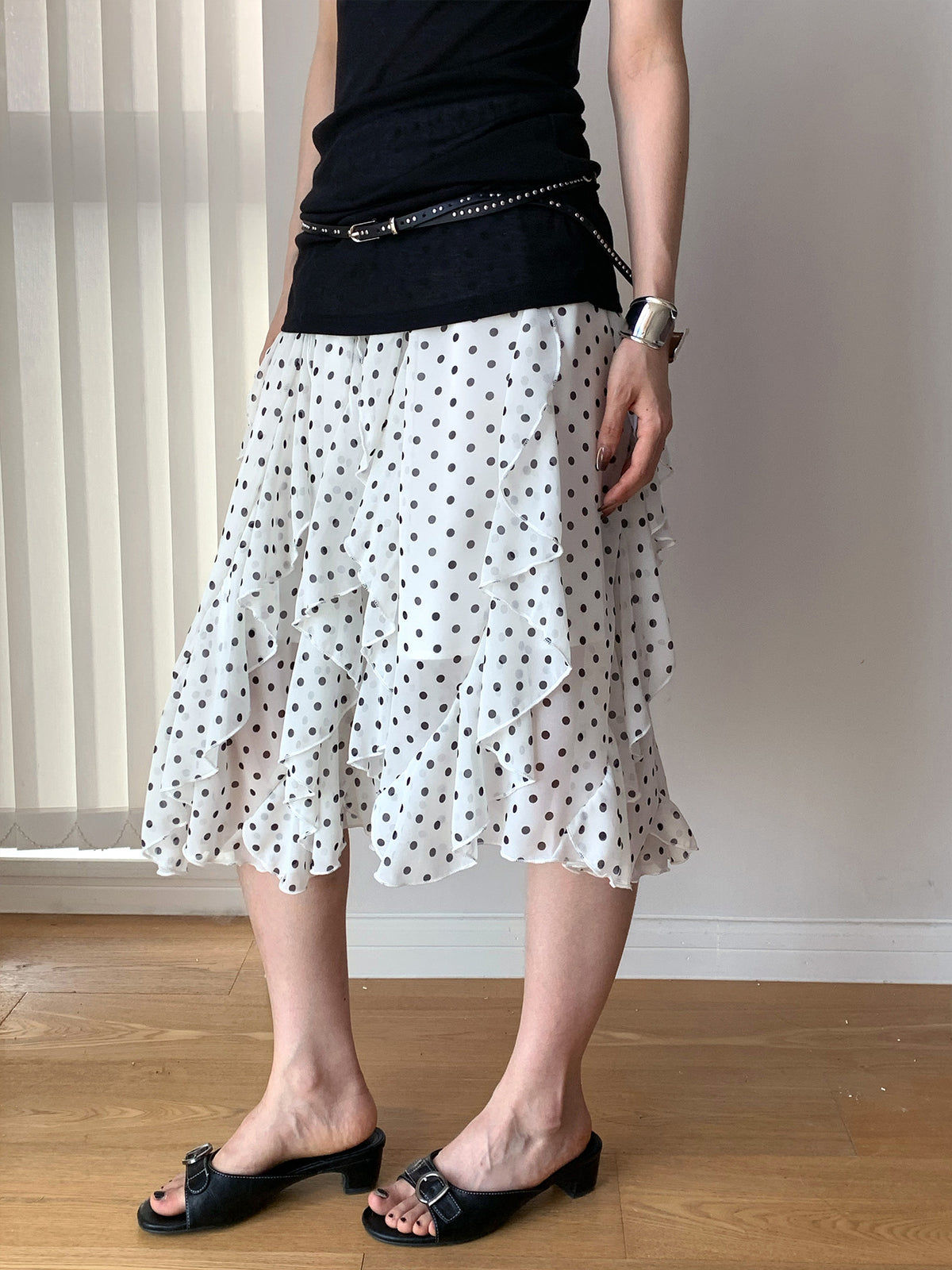 Polka Dot Print Patchwork Irregular Hem Midi Skirt