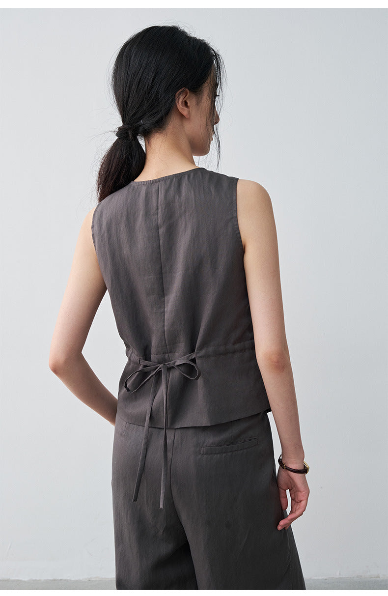 Minimalist Tencel V-neck Diagonal Vest Waist-cinching Sleeveless Top