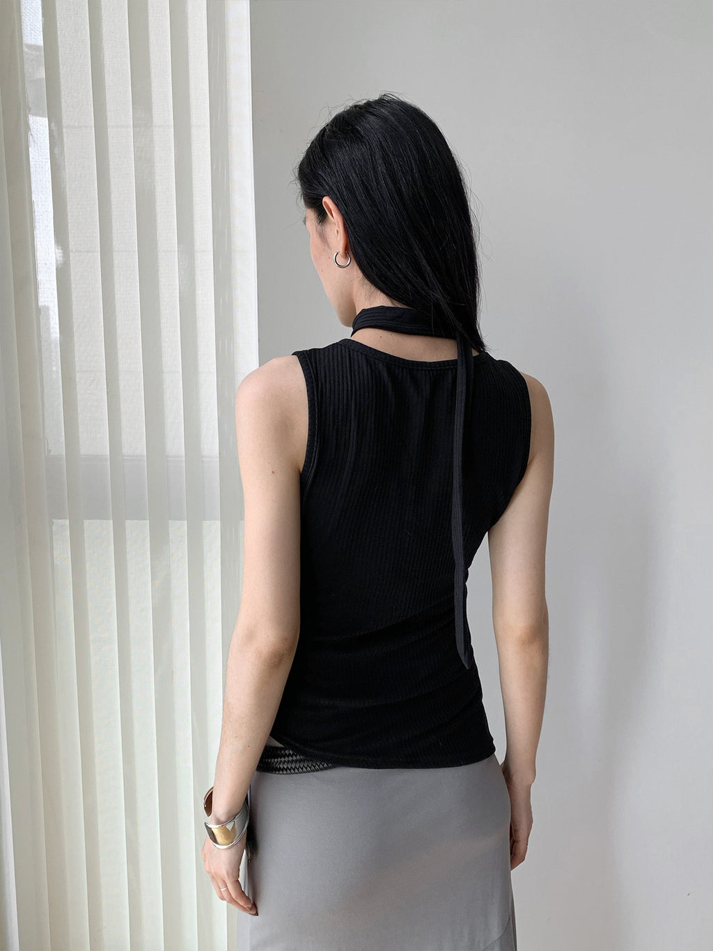Halter-neck Off-Shoulder Thin Knit Ribbed Cross V-Neck Tank Top
