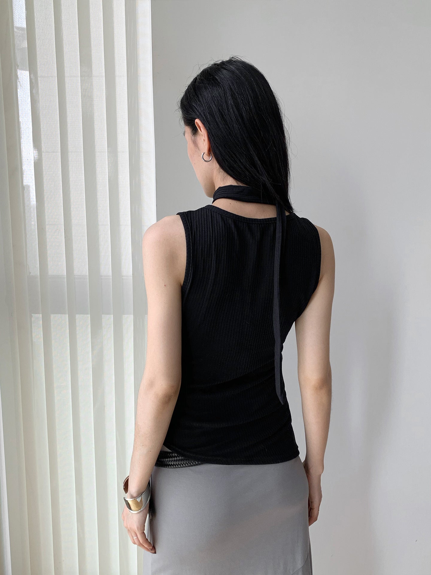 Halter-neck Off-Shoulder Thin Knit Ribbed Cross V-Neck Tank Top