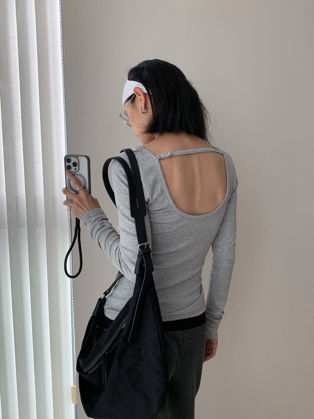 Scoop Neck Adjustable Open Back Long Sleeve Top