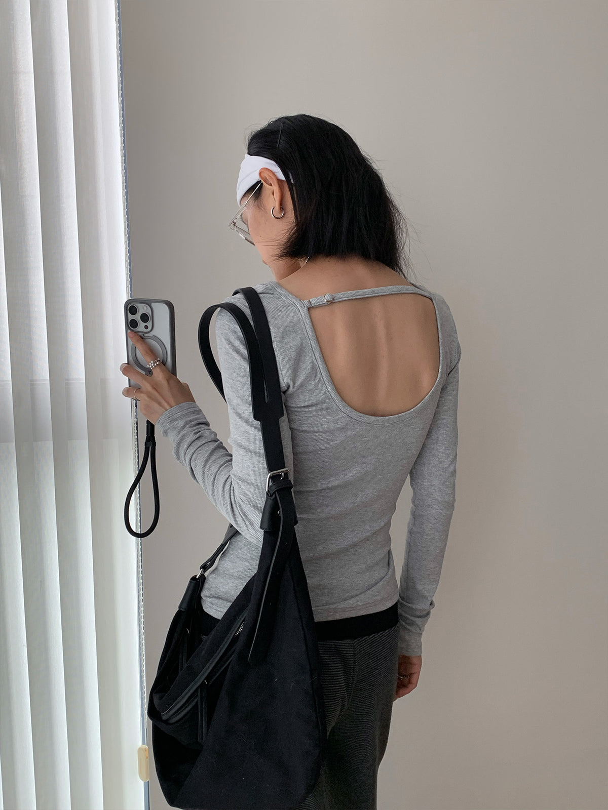 Scoop Neck Adjustable Open Back Long Sleeve Top