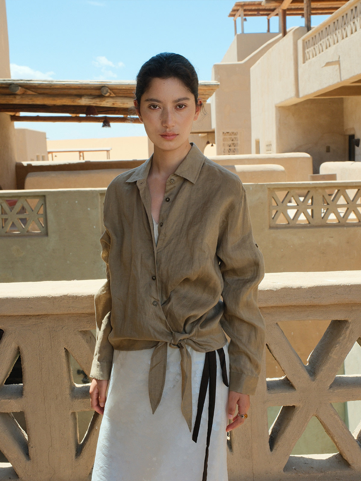 Linen Lapel Hem Waist-Cinching Two-Piece Long-Sleeve Shirt