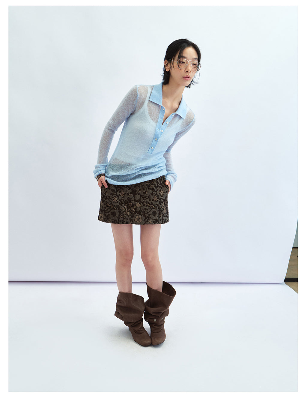 Sheer Layering Polo Collar Wool Knit Top