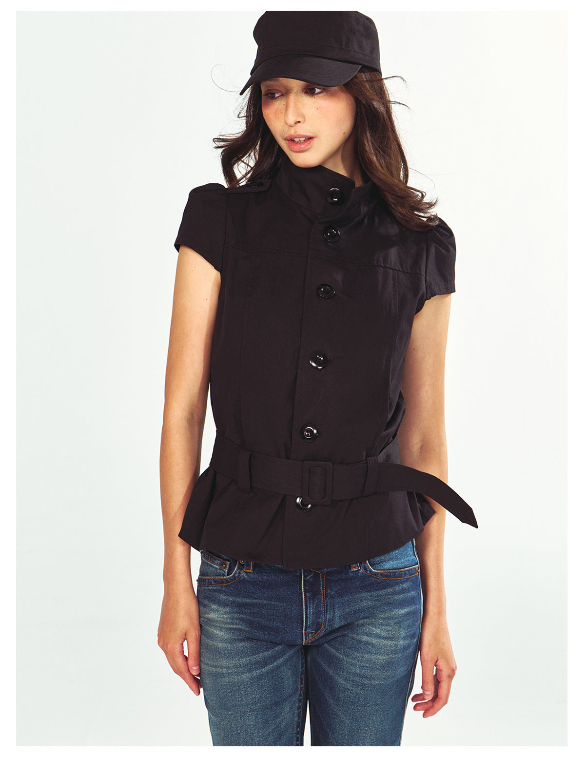 Fashionable Stand Collar Single-Breasted Buckle Lace-Up Jacket Top