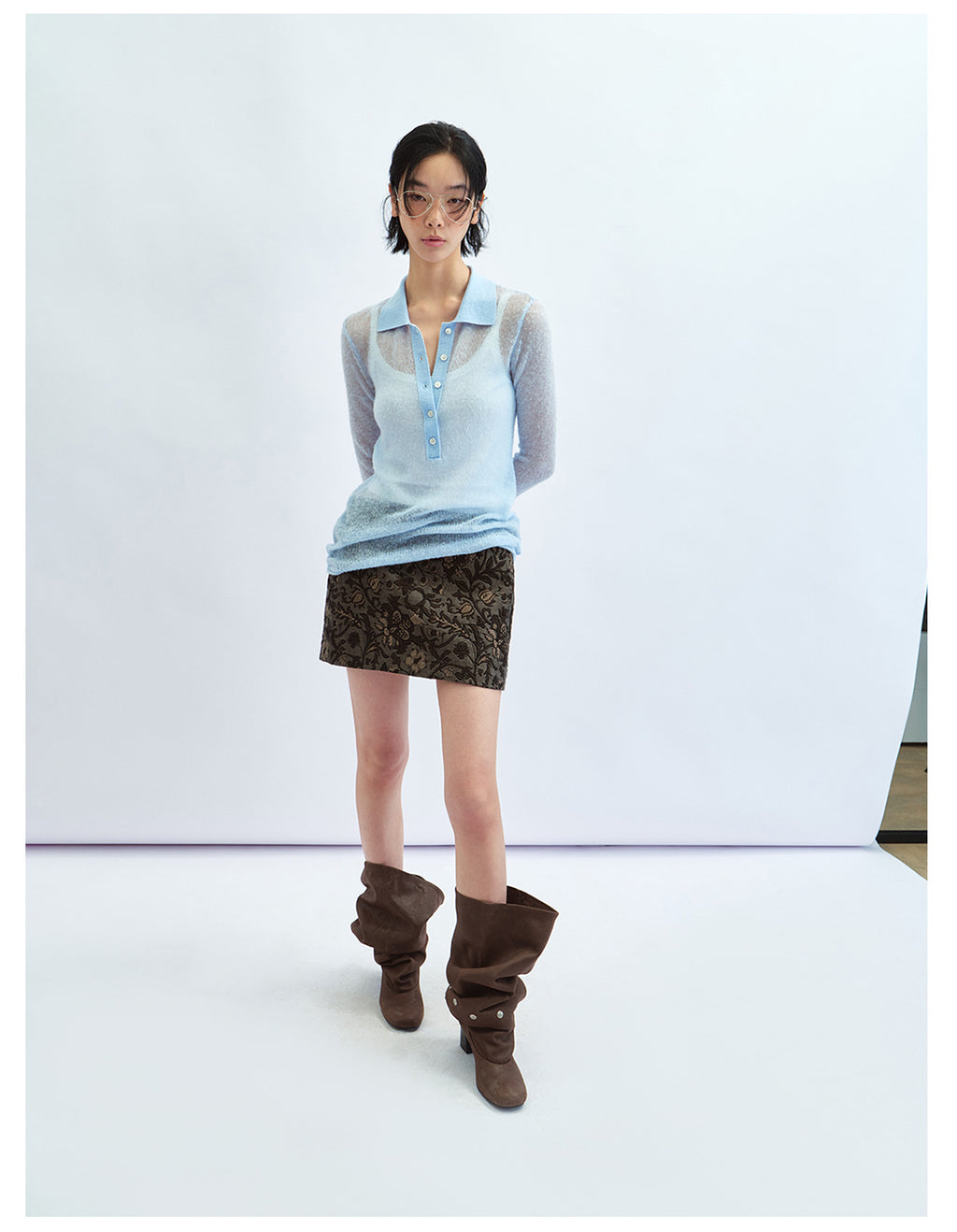 Sheer Layering Polo Collar Wool Knit Top