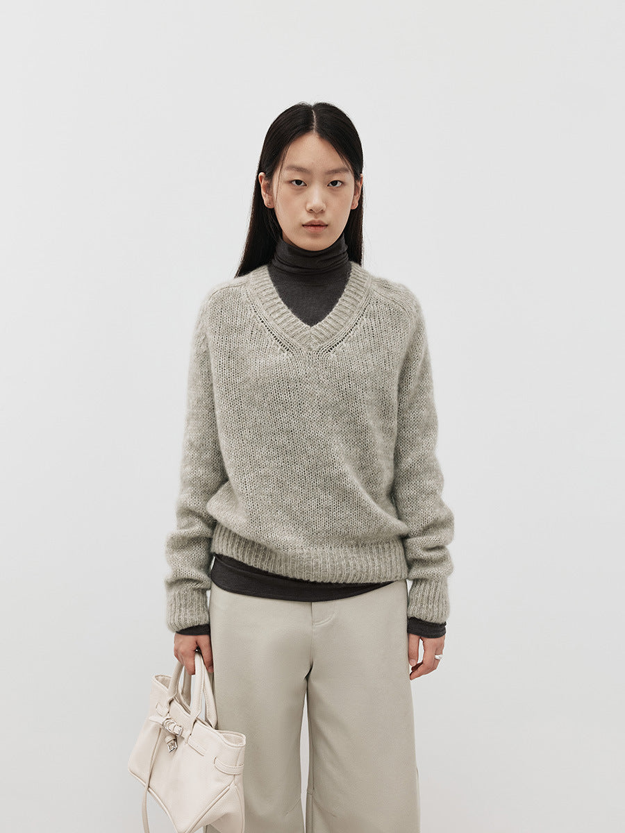 Love with Nancy Thirteen Lines Minimalist Winter Korean Style Floral Tulle V-neck Loose Thickened Warm Mohair Sweater for Women 03254