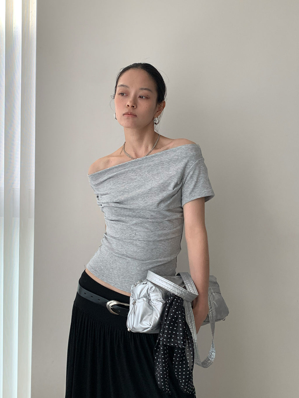 Draped Boat Neck Ruched Fitted T-Shirt