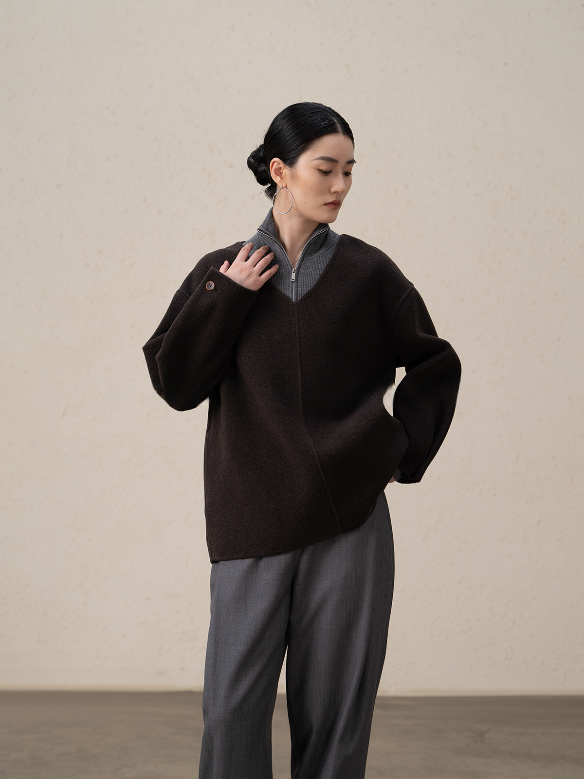 Merino Wool & Cashmere Double-Sided V-neck Coat