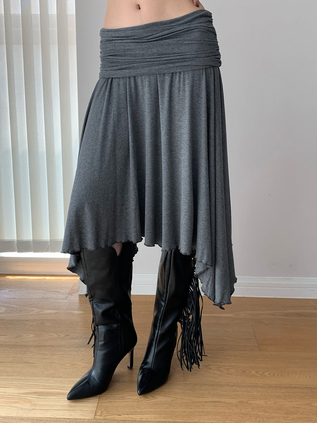 High-waisted Pleated Irregular Hem Midi Skirt