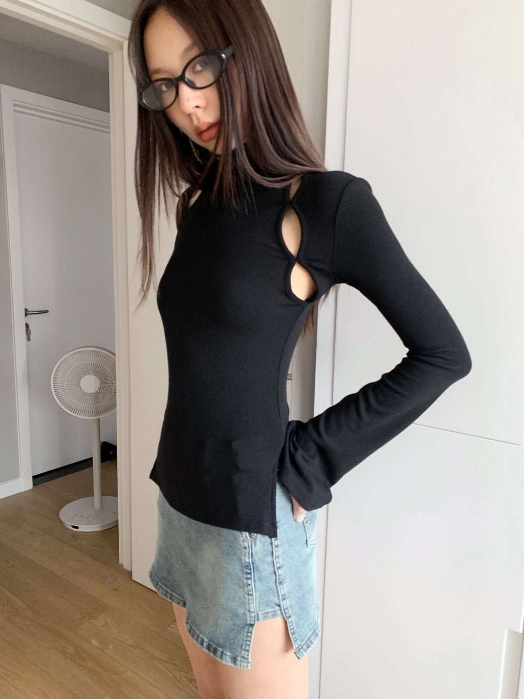 Mock Neck Ribbed Long Sleeve Cutout Top